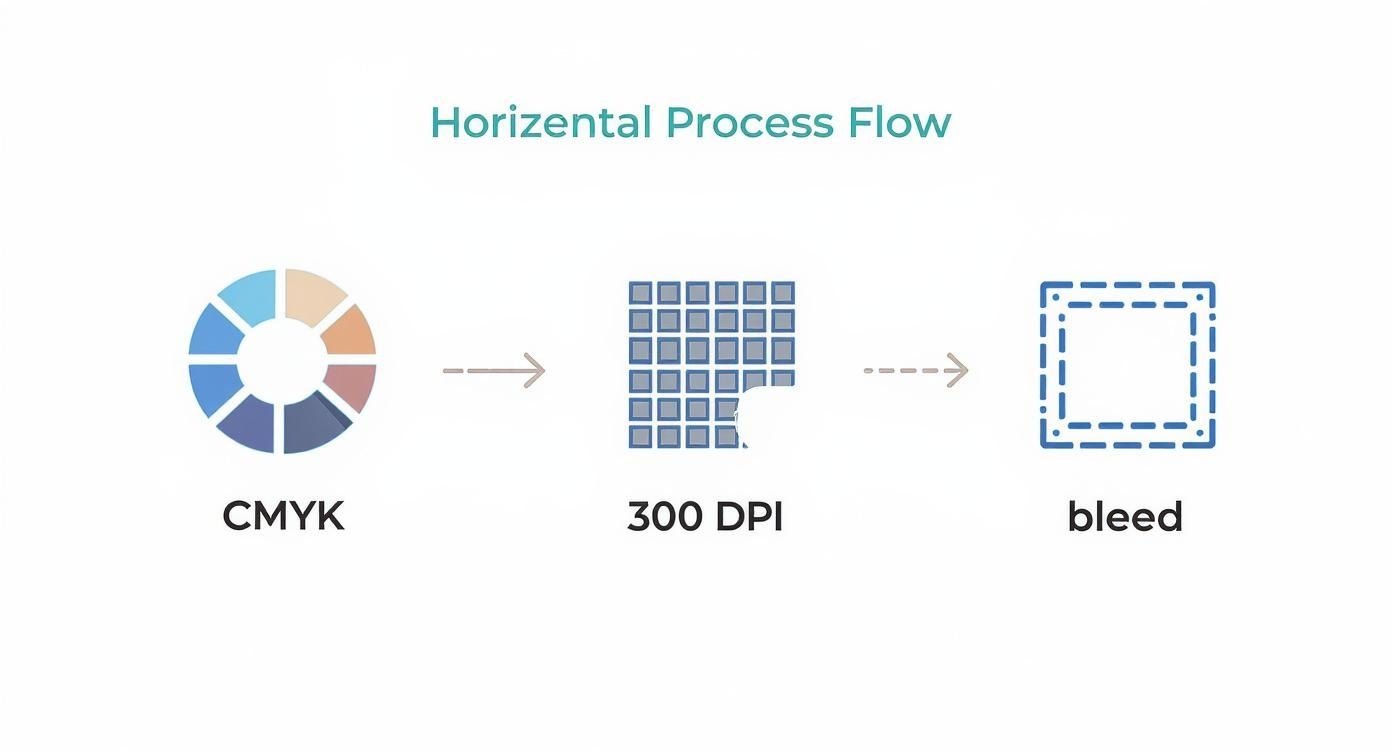 Infographic showing the artwork preparation process with icons for CMYK color, 300 DPI resolution, and bleed marks.