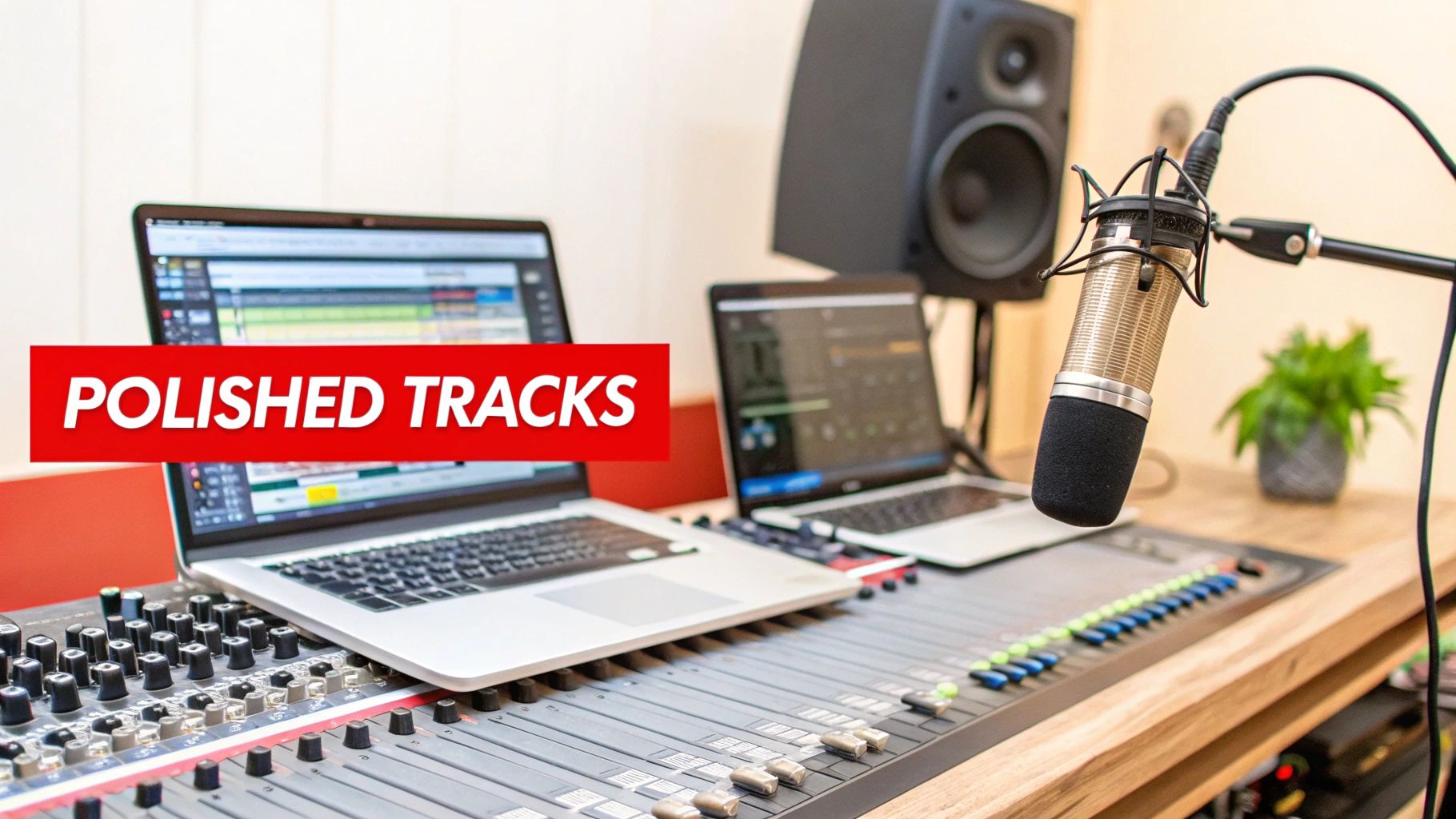 A professional music studio setup with a microphone, mixing board, and laptops displaying audio software.