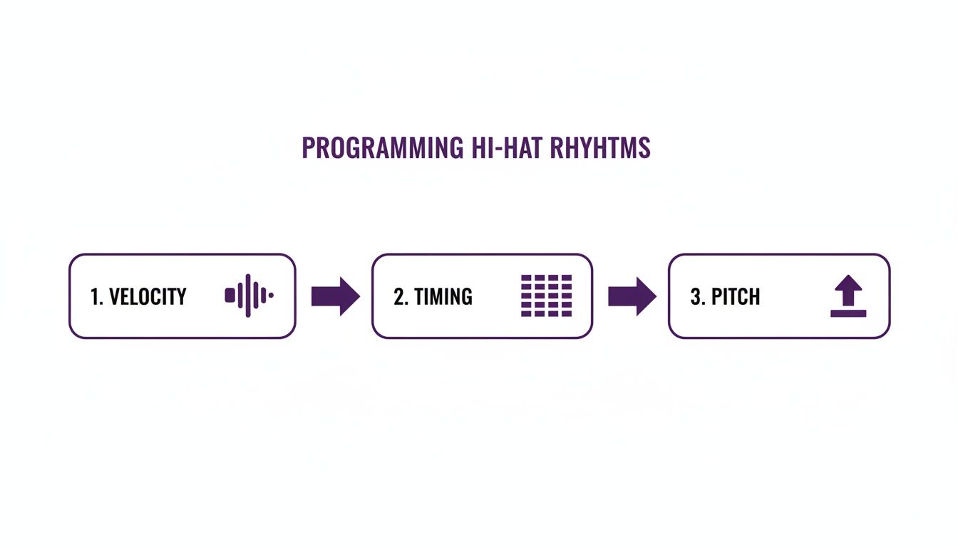 Diagram illustrating the three steps for programming hi-hat rhythms: velocity, timing, and pitch.