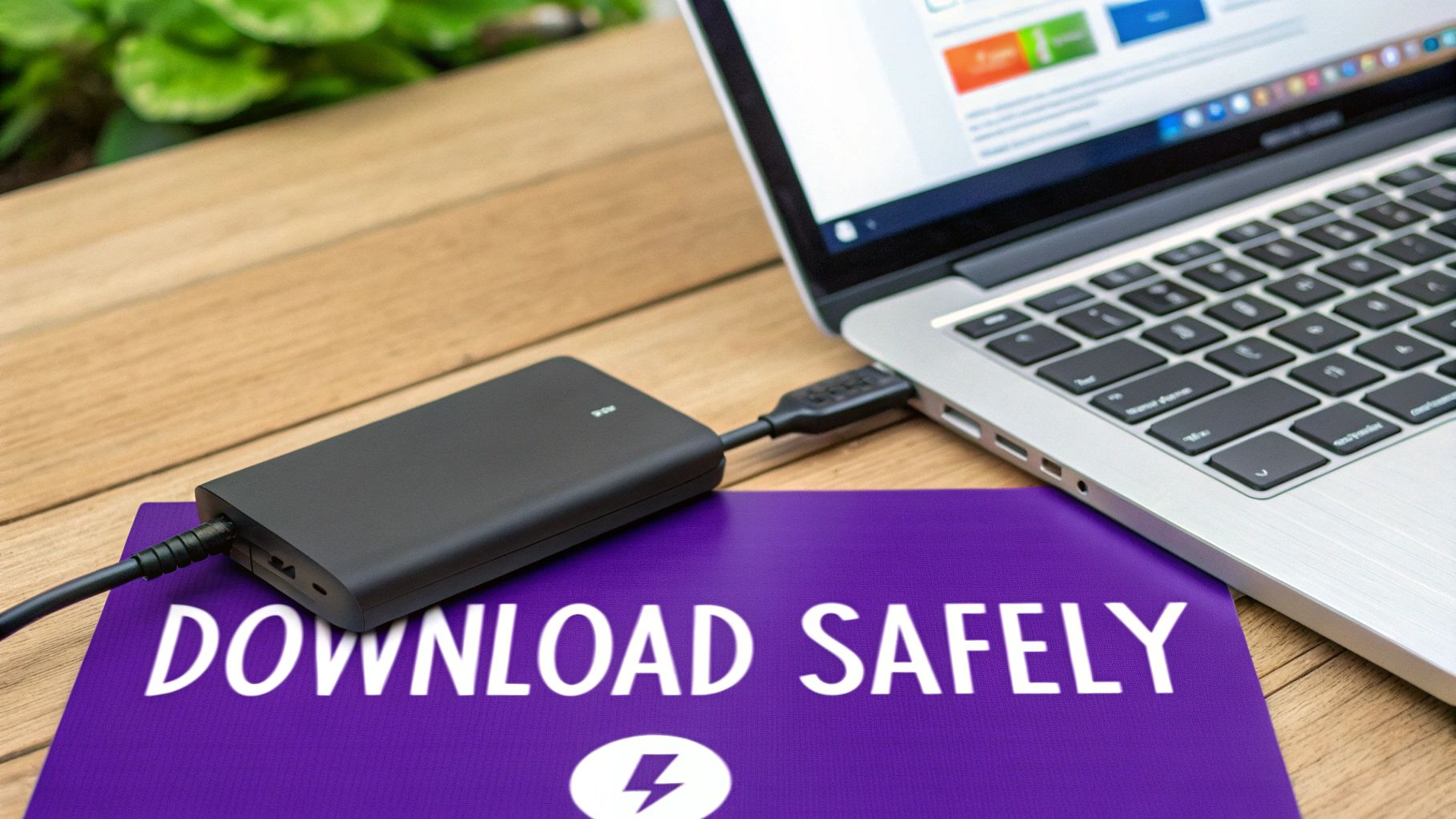 A laptop connected to an external hard drive on a purple 'Download Safely' mat.