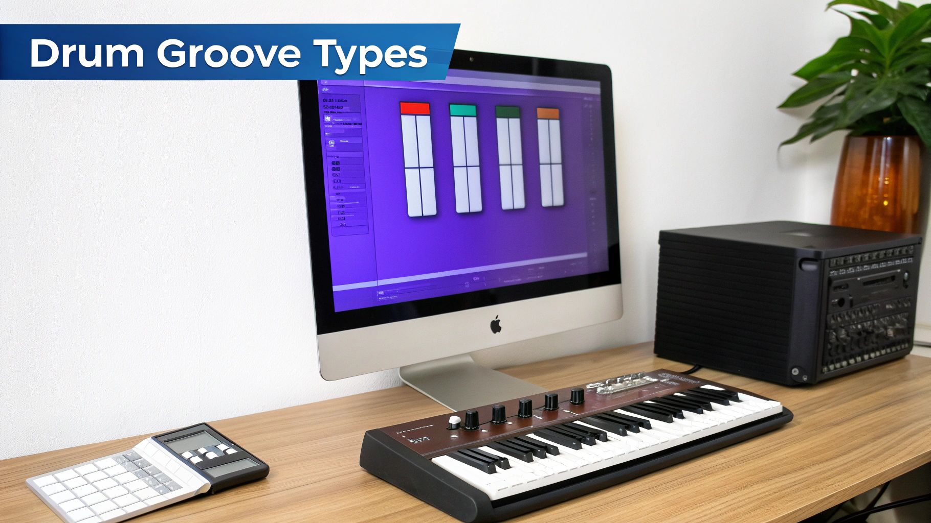 Digital music production setup featuring a MIDI keyboard, monitor showing drum grooves, and audio interface.