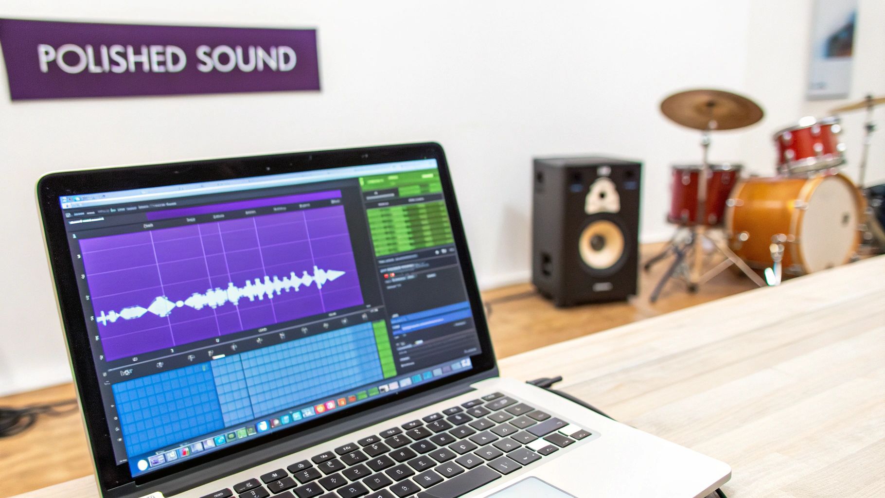 Music production laptop with 'Polished Sound' sign, studio speaker, and drum set in a studio.