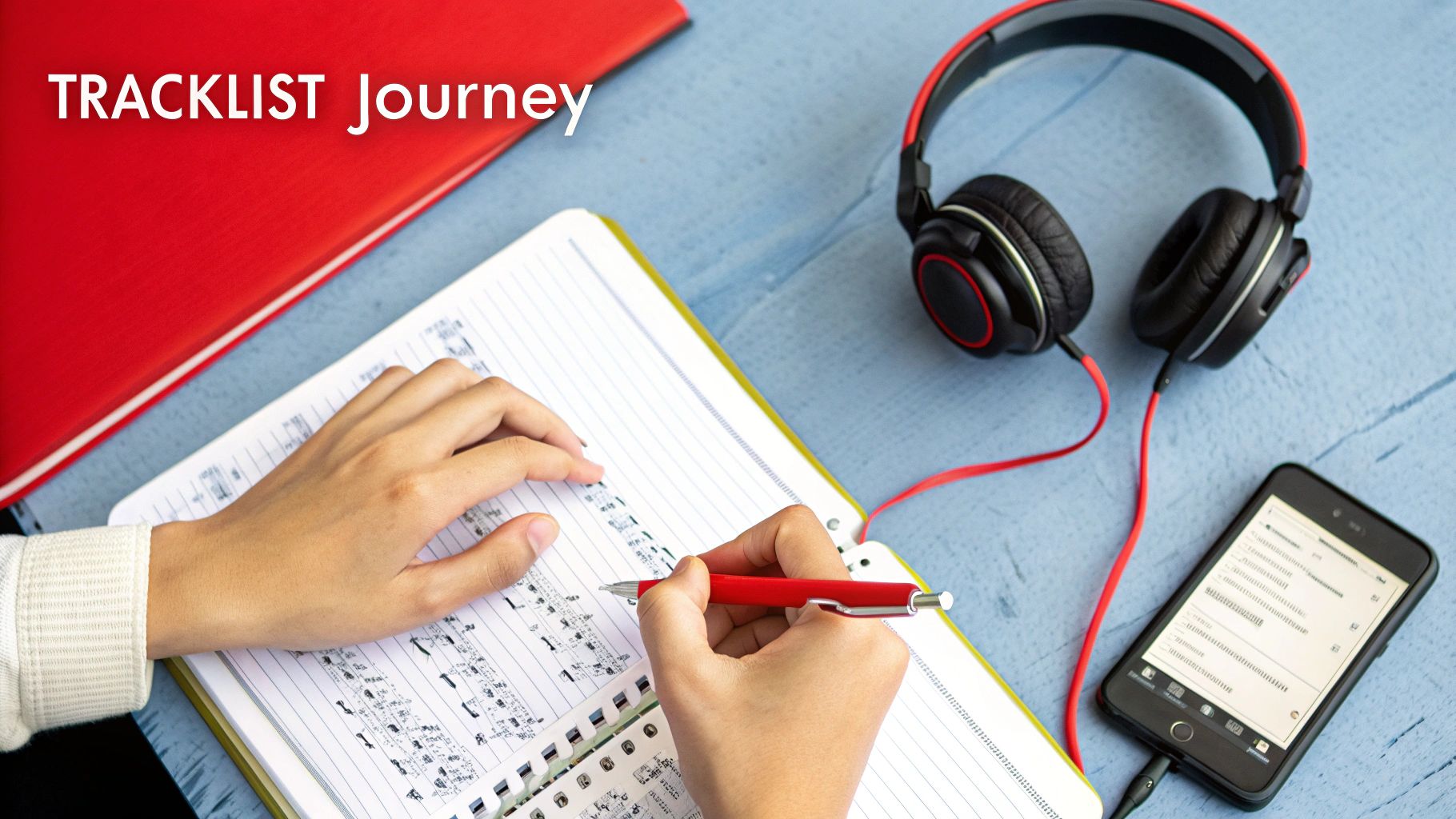 A person thoughtfully arranging a list of songs on paper, with headphones nearby, planning a custom CD mix.