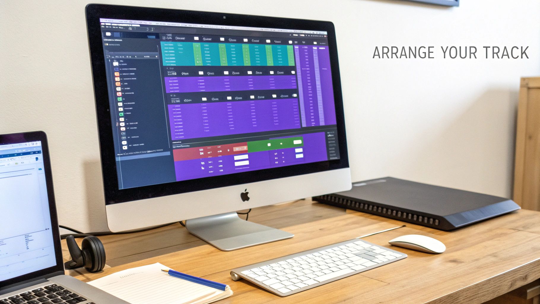 A music production workspace with an iMac displaying a digital audio workstation and a laptop.