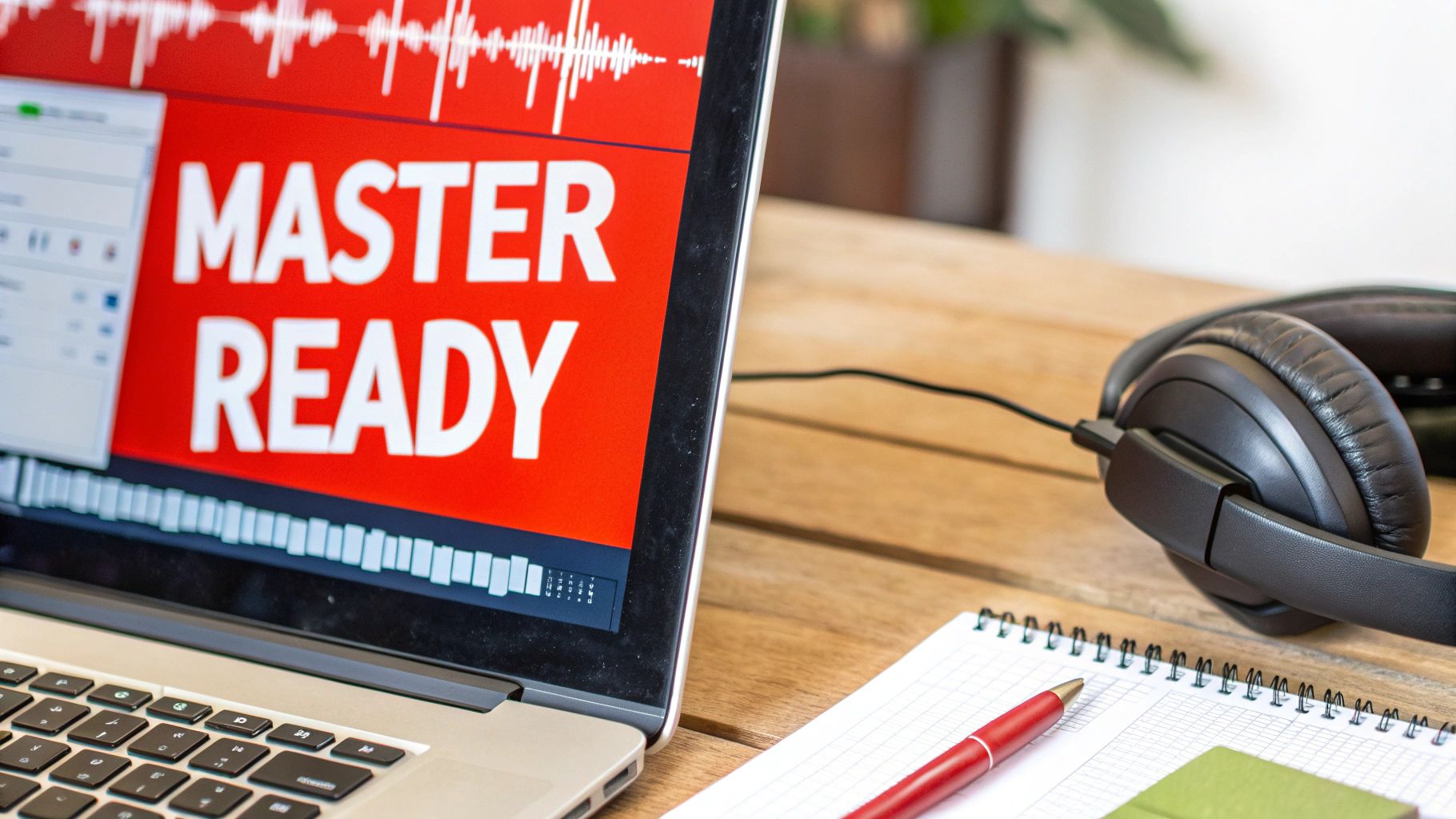 A sound engineer at a mixing console, adjusting levels for a master audio track.