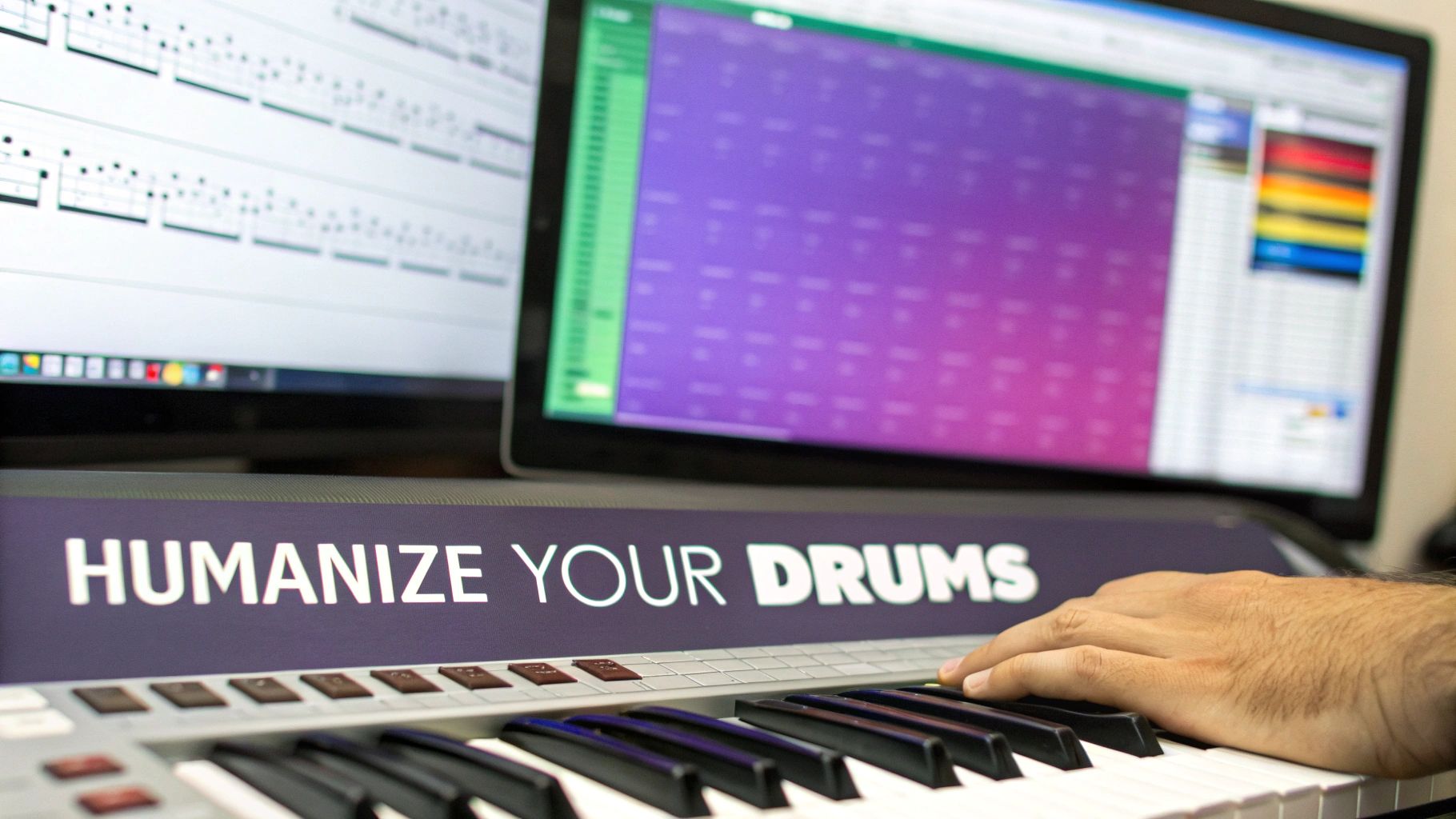 Musician's hand on a MIDI keyboard with 'HUMANIZE YOUR DRUMS' text, beside monitors showing music software.