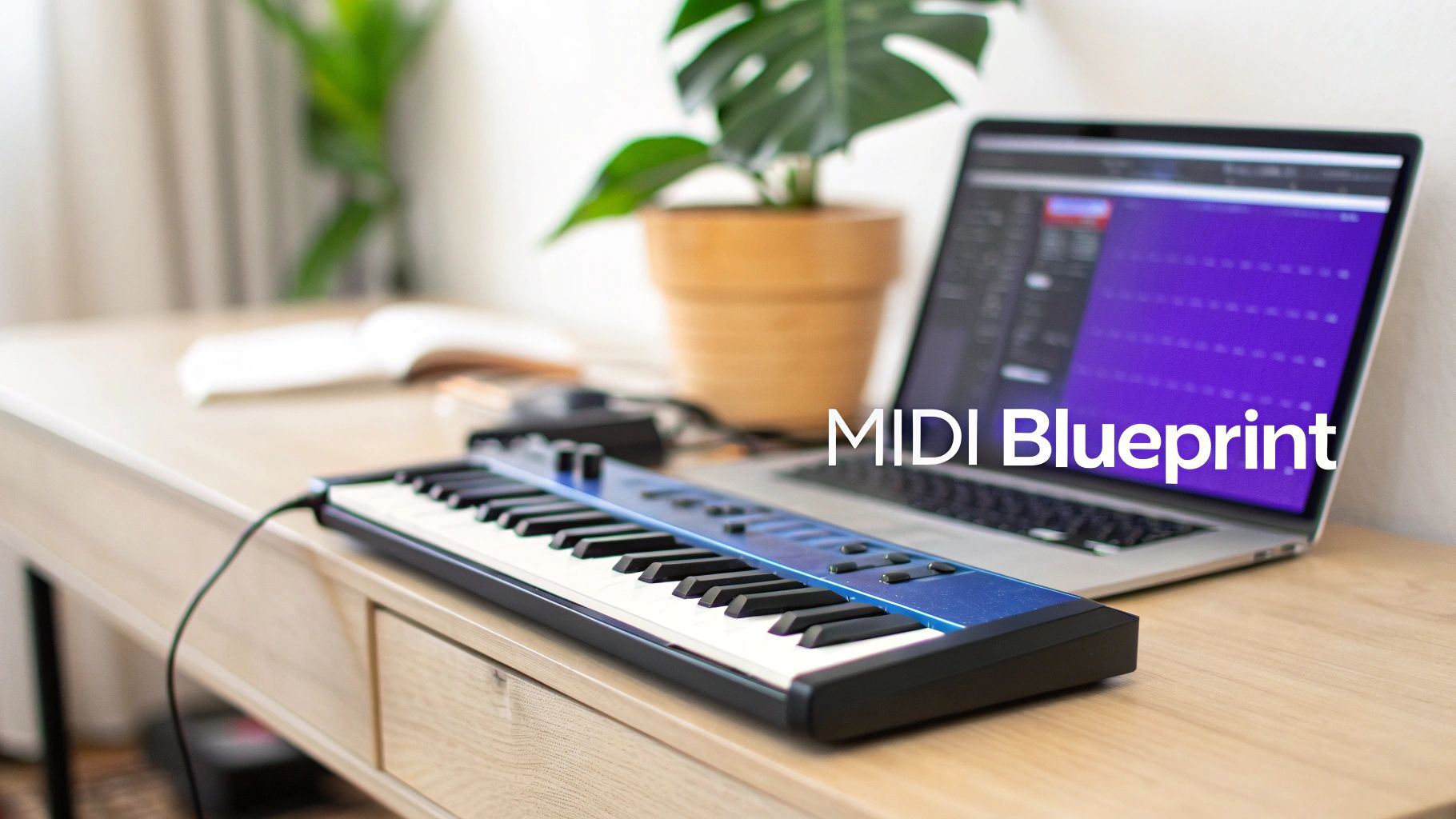 A MIDI keyboard and laptop with a purple screen on a wooden desk, surrounded by plants.