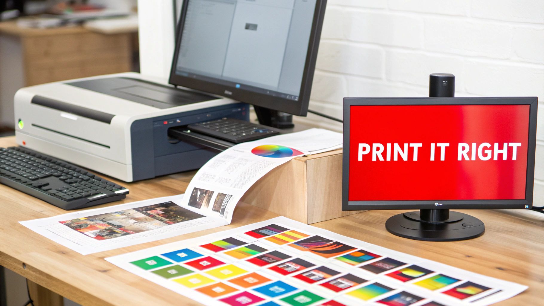 Professional printing setup with monitors, a large printer, and color-accurate proofs on a wooden desk.