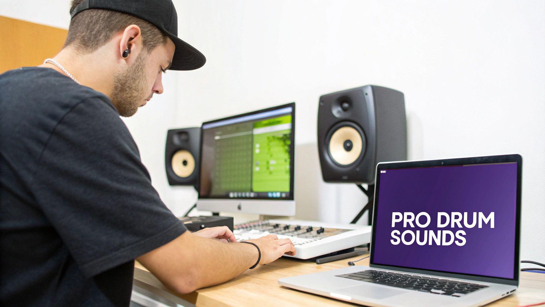 A man in a studio works on music production gear with monitors and a laptop showing 'PRO DRUM SOUNDS'.