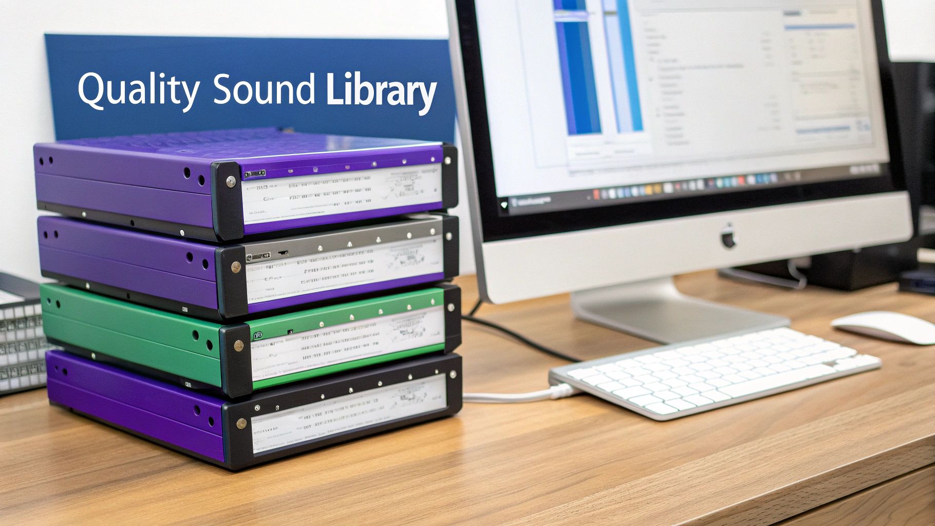 A stack of purple and green sound library hard drives next to an iMac on a wooden desk.