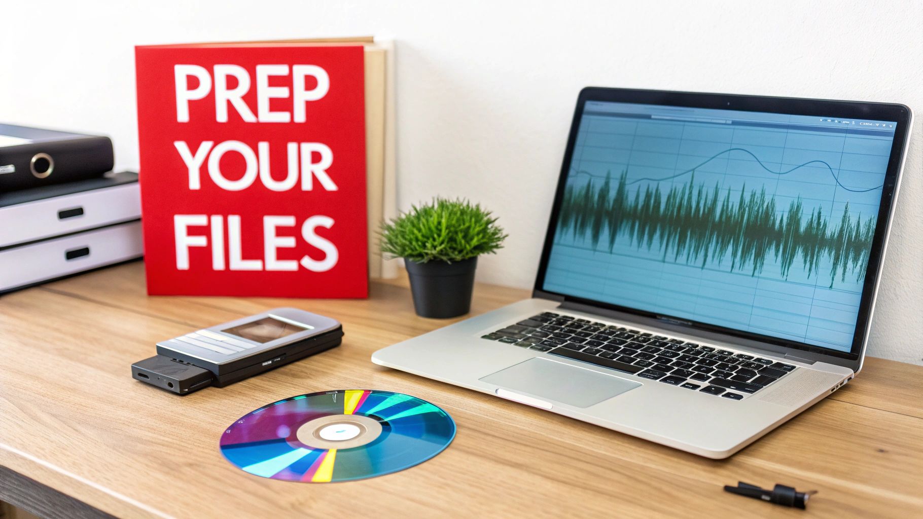 An office desk with a laptop displaying audio waveforms, a CD, and a 'PREP YOUR FILES' sign.