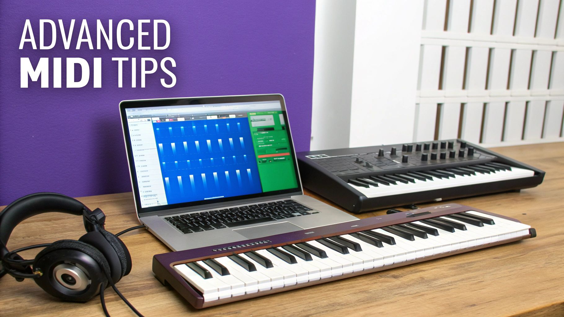 A music production setup with a laptop, two MIDI keyboards, and headphones on a wooden table.