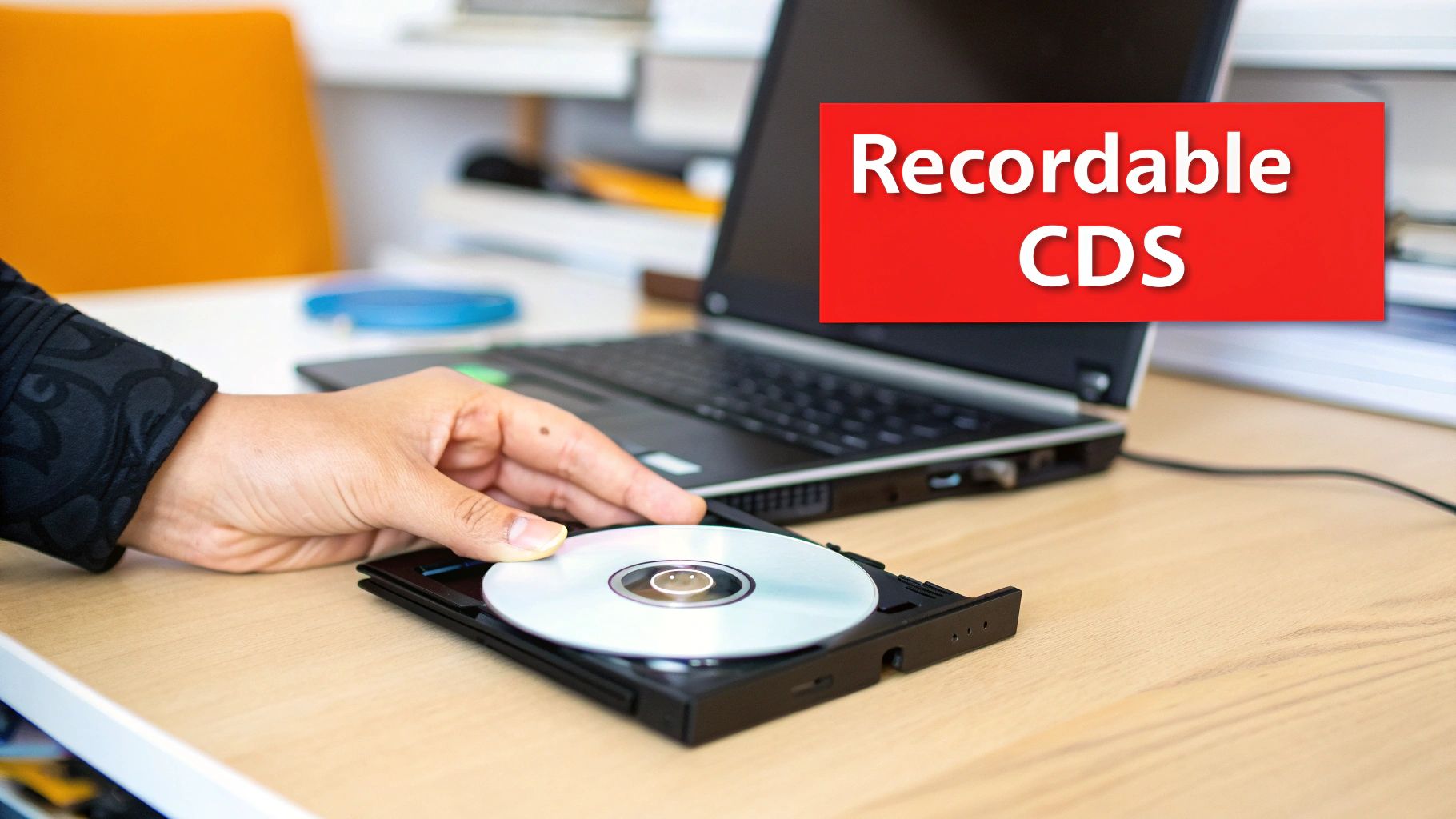 A person's hand inserts a blank recordable CD into an external DVD drive connected to a laptop.