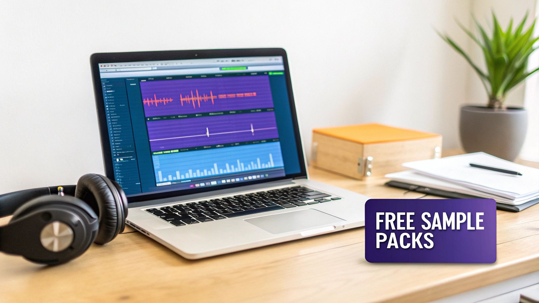 A laptop displaying music production software with headphones and 'FREE SAMPLE PACKS' graphic on a wooden desk.
