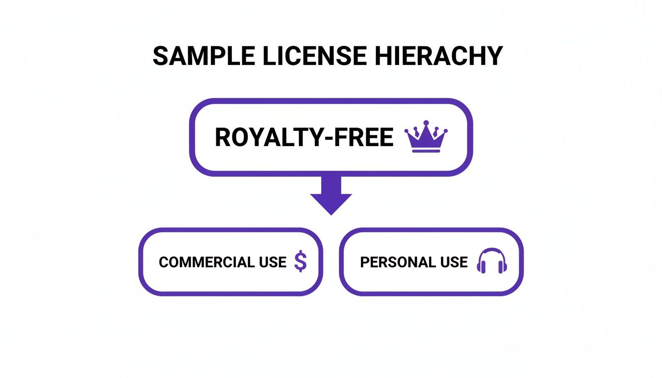 A diagram illustrating a royalty-free license hierarchy, differentiating between commercial and personal use.