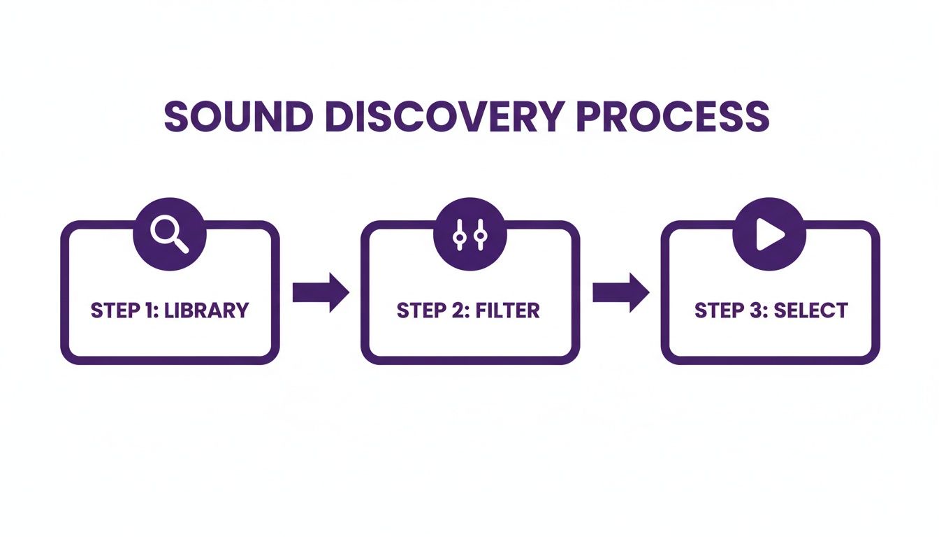 Flowchart illustrating a three-step sound discovery process: Library, Filter, and Select.
