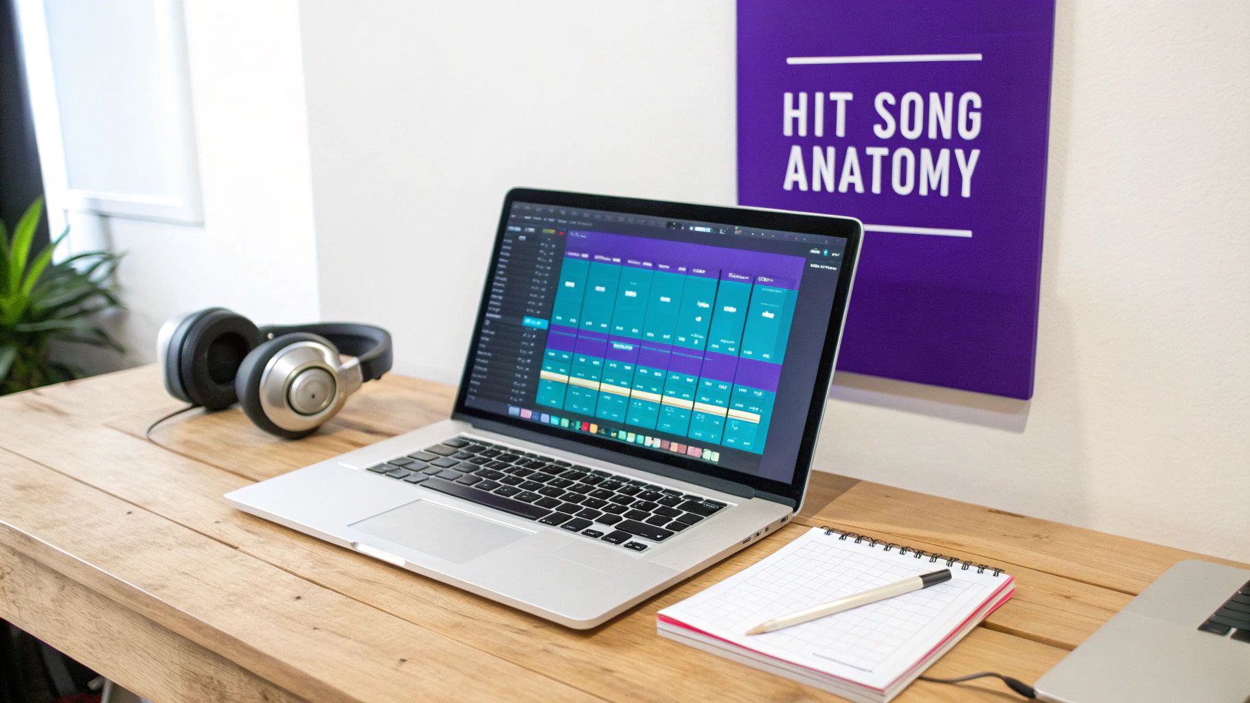 A laptop on a wooden desk displaying music production software, with headphones and a notebook.