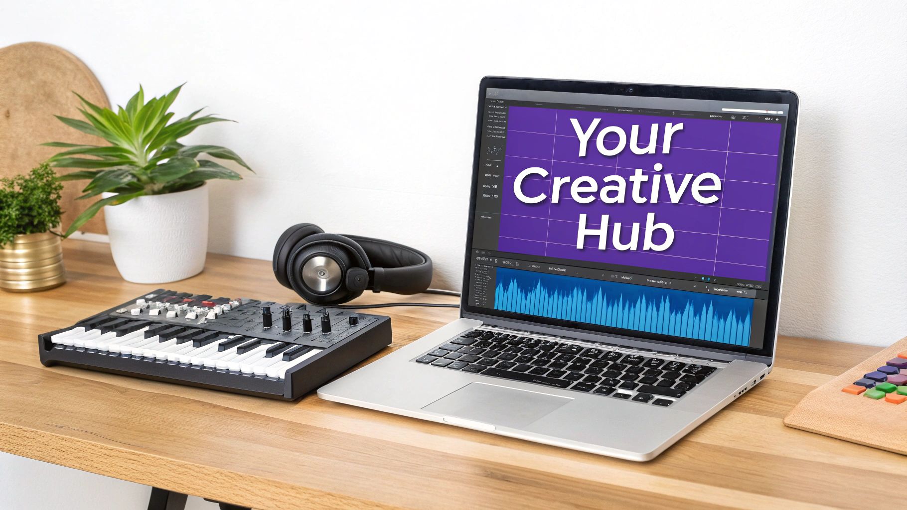 A creative desk setup with a laptop displaying 'Your Creative Hub', headphones, a MIDI keyboard, and plants.