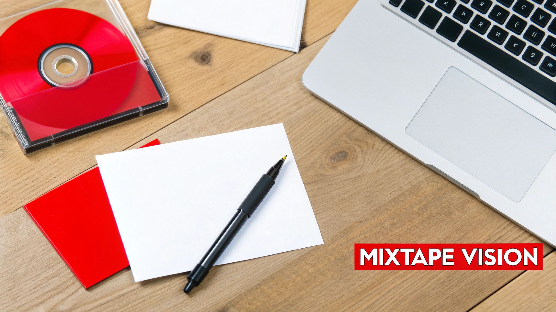 A person's hands placing a custom CD into a jewel case next to a laptop displaying design software.