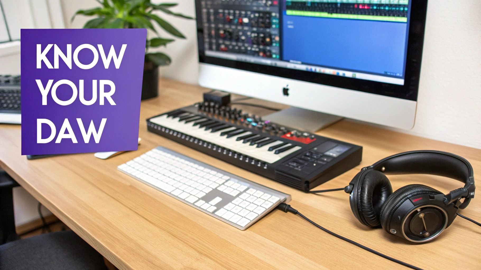 A music production desk featuring an Apple iMac, MIDI keyboard, headphones, and a 'KNOW YOUR DAW' sign.