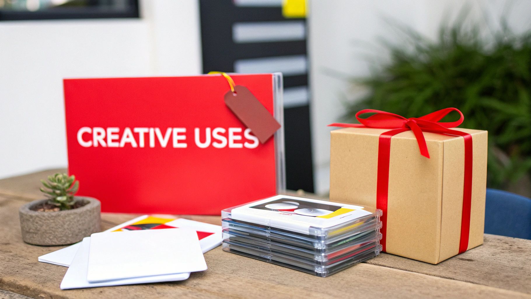 Various creative marketing materials including a sign, gift box, and custom CDs on a wooden table.