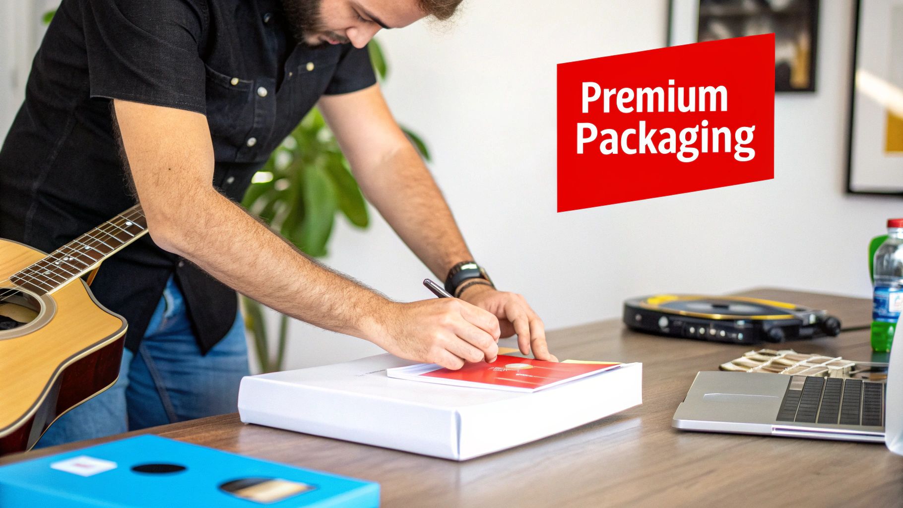 Man signing a red booklet on a white package with an acoustic guitar and a 'Premium Packaging' banner.