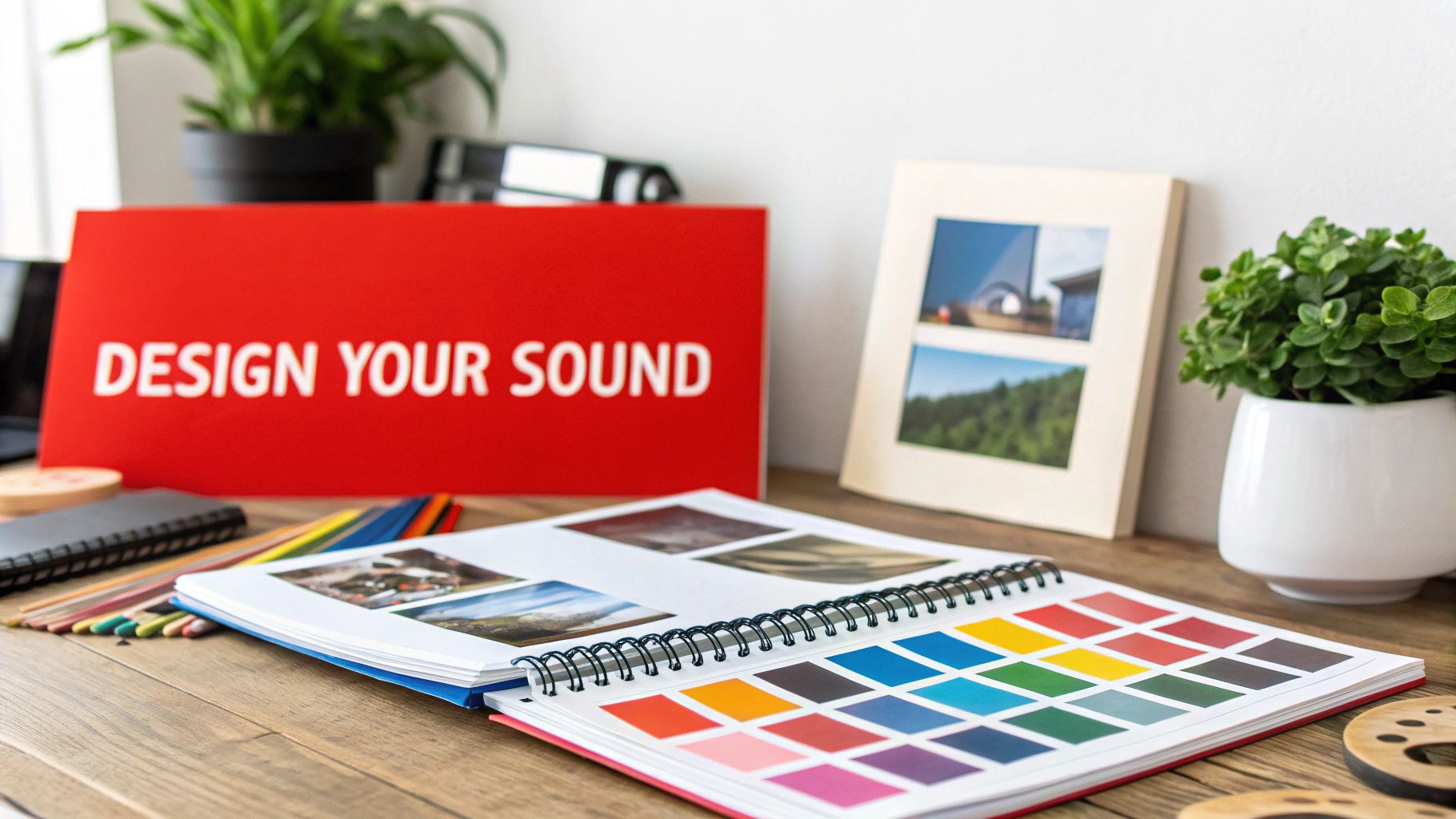 A creative workspace featuring a color swatch book, photo album, pencils, and a 'DESIGN YOUR SOUND' sign.