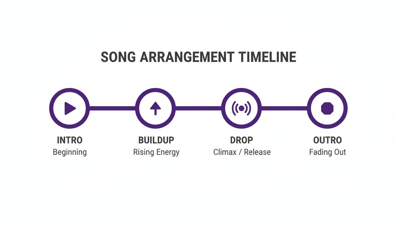 Song arrangement timeline outlining Intro, Buildup, Drop, and Outro stages with descriptions and icons.
