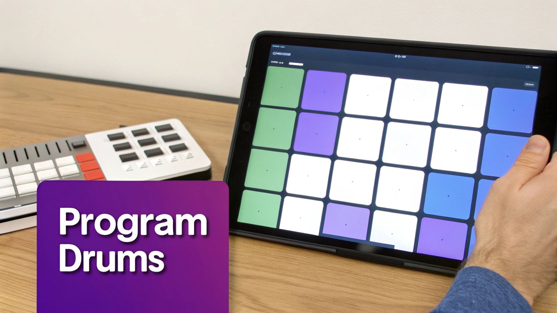 A hand interacts with a tablet displaying a drum machine app next to a MIDI controller on a desk, with a 'Program Drums' overlay.