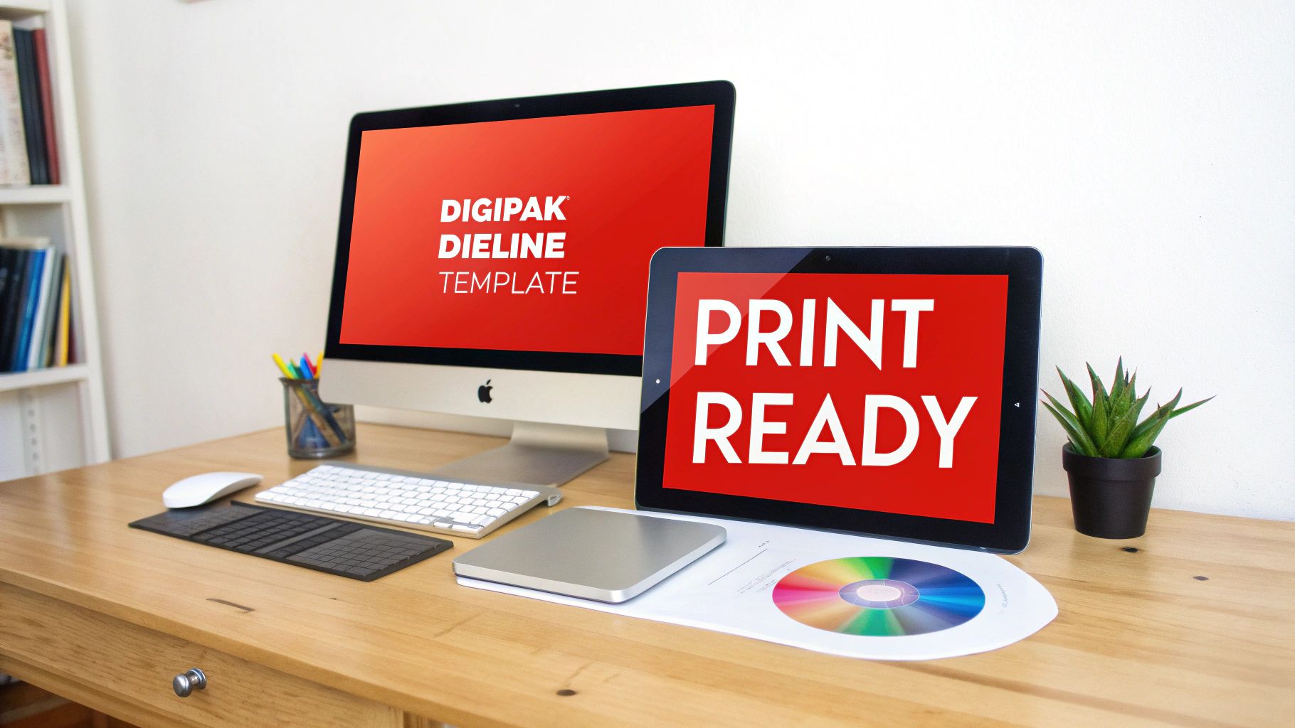 A desk with an iMac showing 'DIGIPAK DIELINE TEMPLATE' and a tablet showing 'PRINT READY', alongside office items.