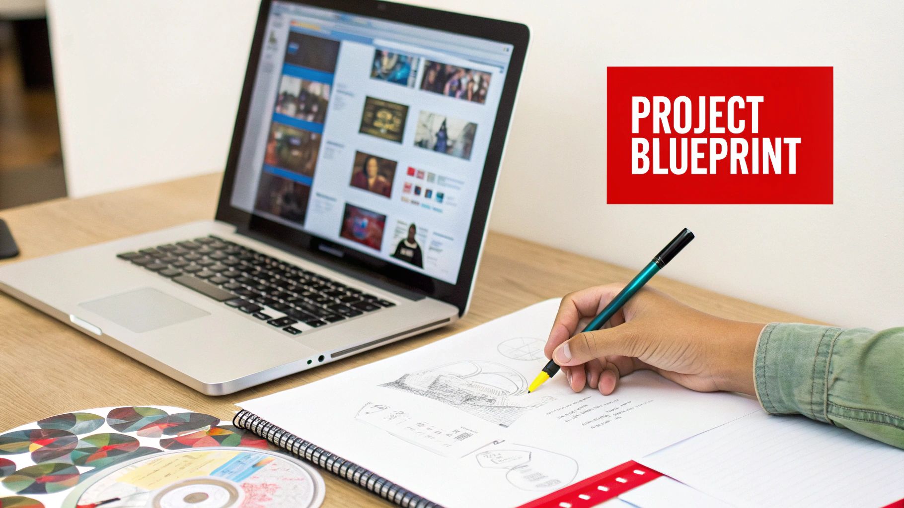 A person sketches designs on paper with a pen, next to a laptop displaying digital layouts, and a 'PROJECT BLUEPRINT' sign.