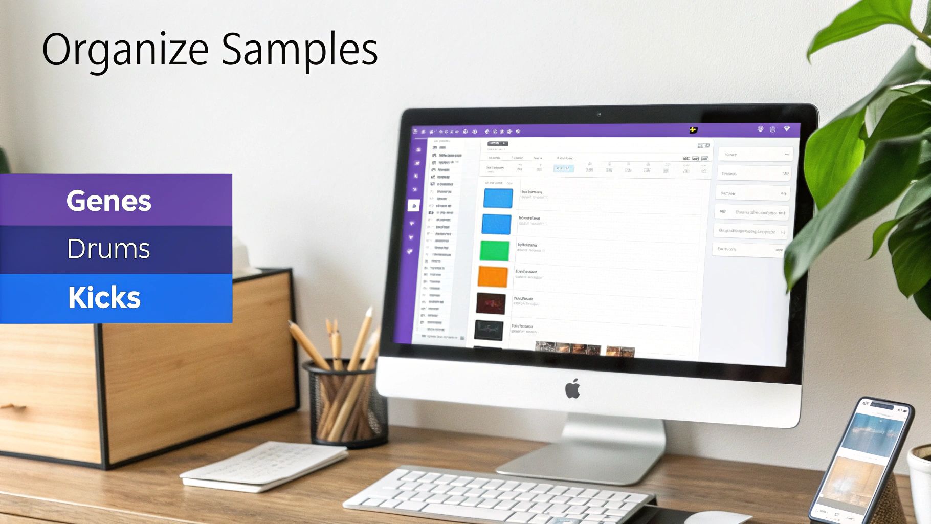 An iMac on a wooden desk displaying a sound sample organizer interface with categories like Drums and Kicks.