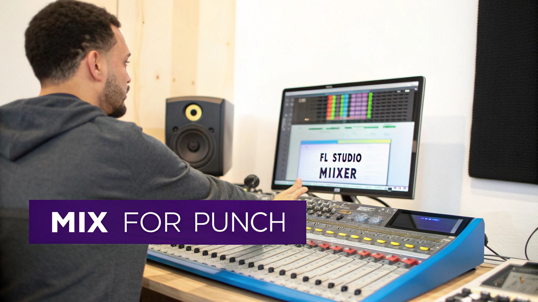 A man in a home studio operates a mixing console while looking at a computer screen.