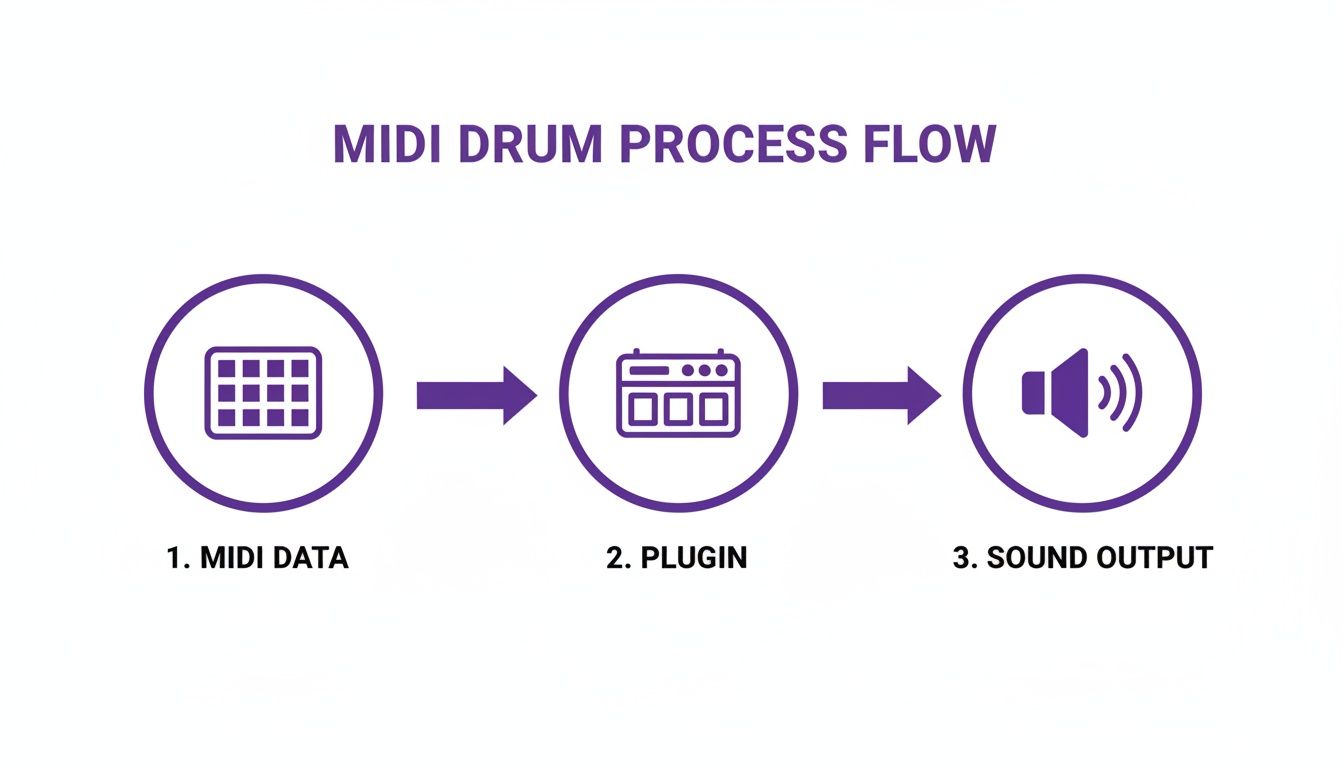 A flowchart illustrates the MIDI drum process flow: MIDI data, plugin processing, and final sound output.