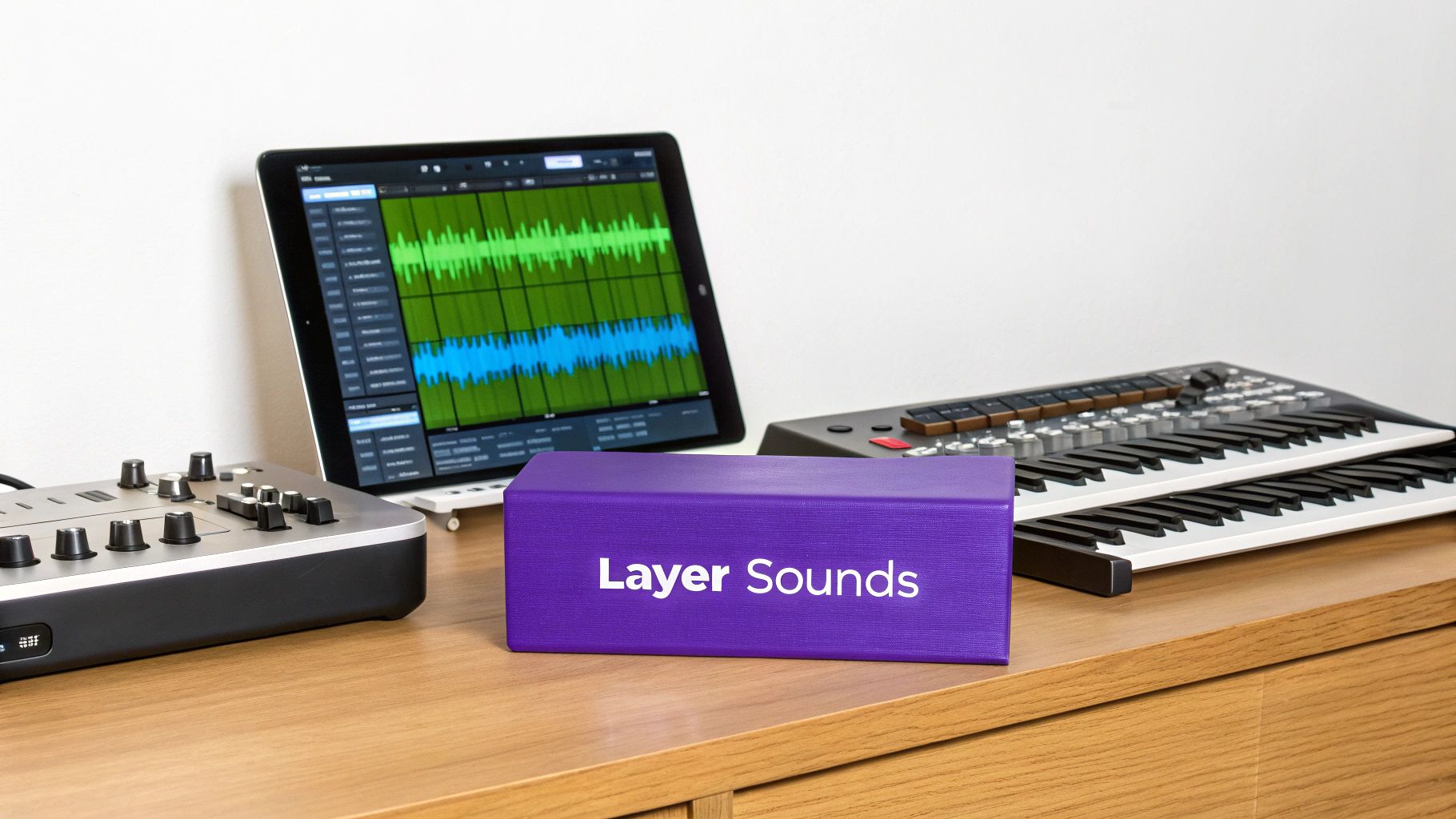 Music production desk with tablet, audio mixer, MIDI keyboard, and a purple 'Layer Sounds' block.