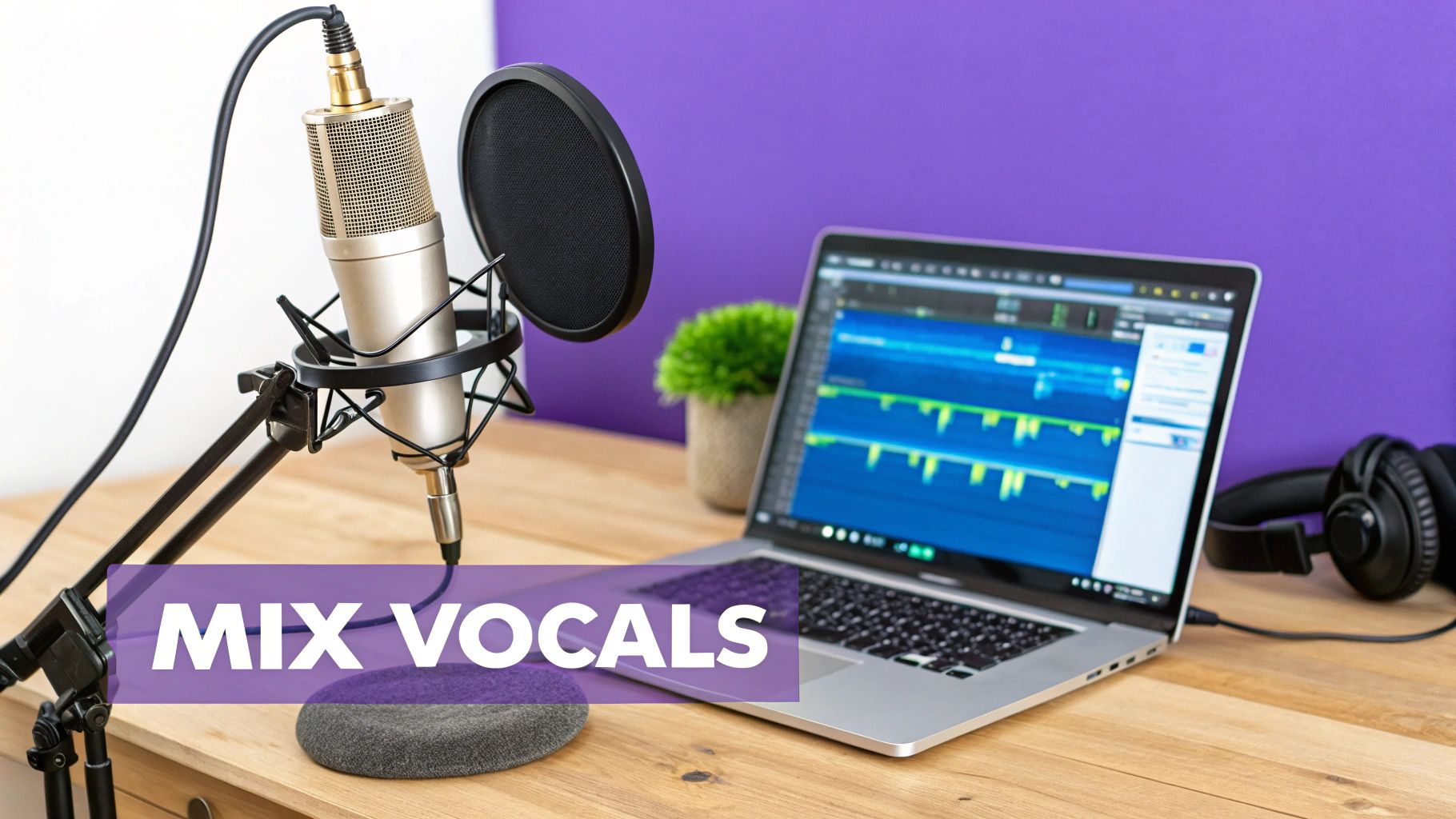 A professional recording setup with a microphone, laptop showing audio waveforms, and headphones on a desk.