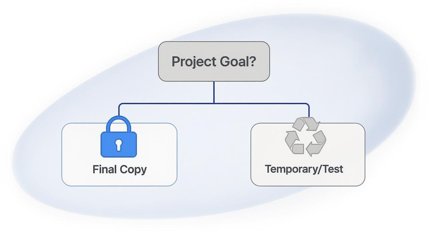 A diagram illustrating project goals: final copy (locked) versus temporary test files (recycled).