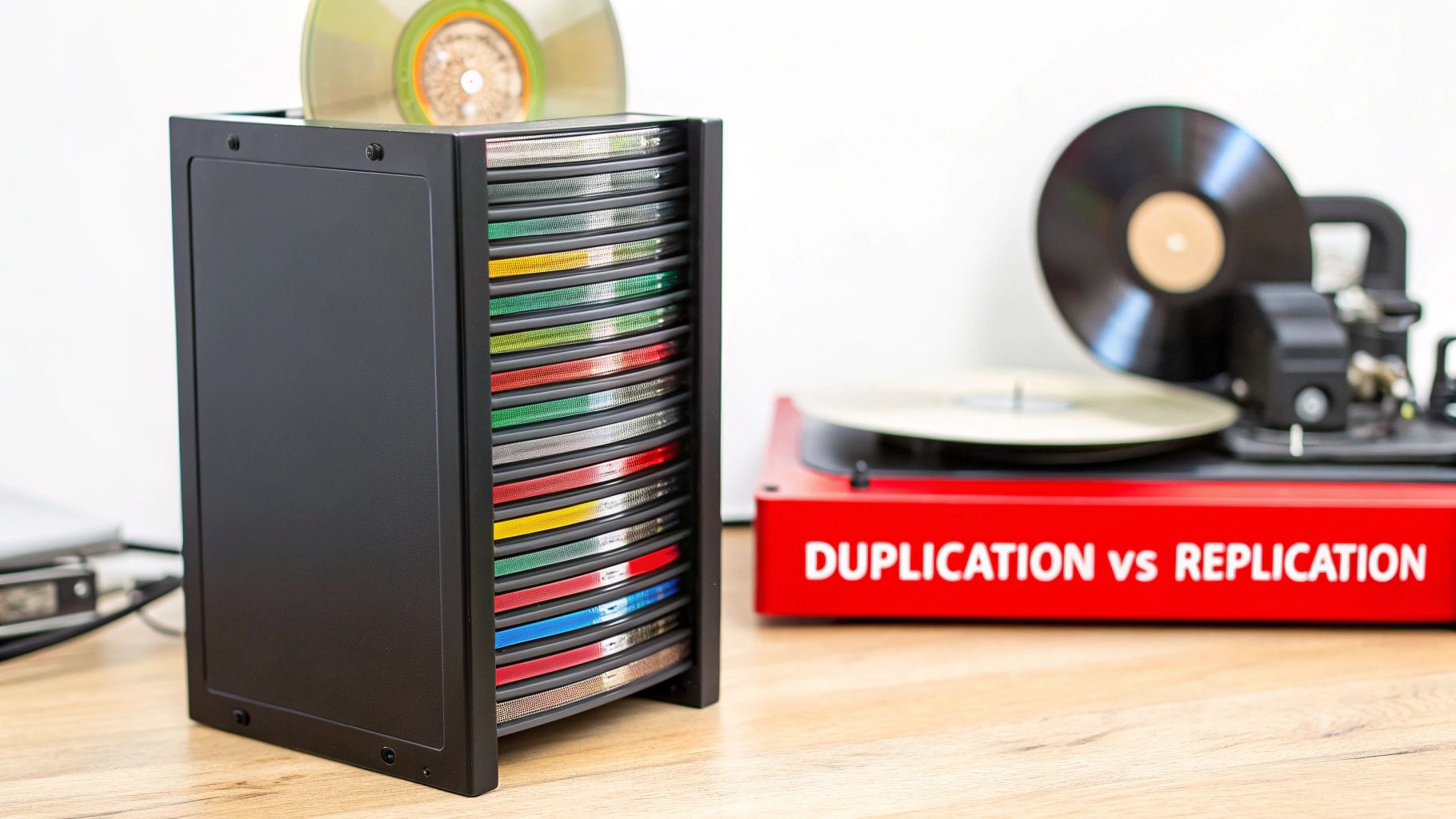 An indie band reviewing freshly duplicated CDs at their merchandise table before a show.