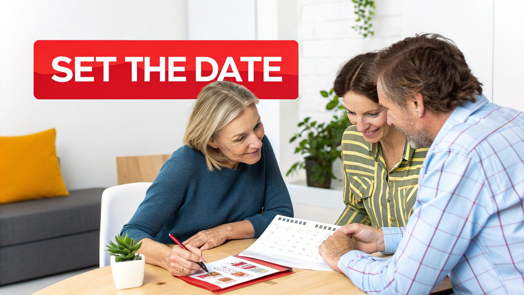 Three smiling friends or family members setting a date on a calendar, possibly planning an event.