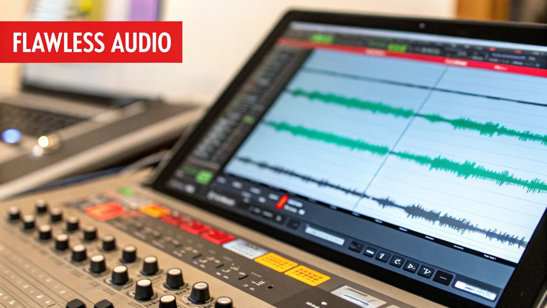 A sound engineer at a mixing console, adjusting levels for audio mastering.
