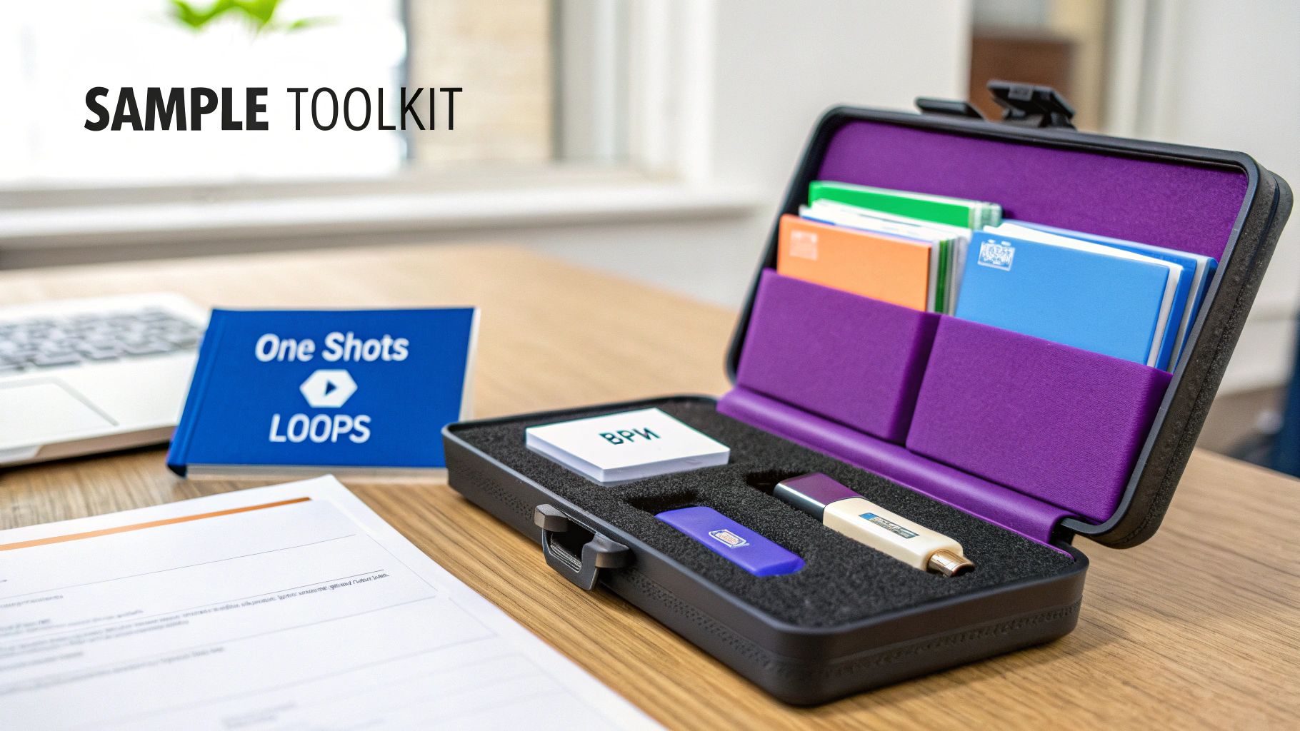 A sample toolkit case open on a wooden desk, displaying USB drives, cards, and colorful folders.
