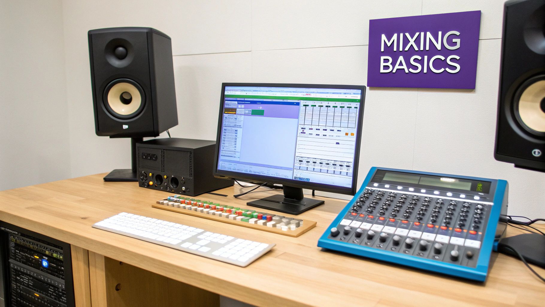 A music production studio setup with dual monitors, computer, mixing console, and a 'Mixing Basics' sign.
