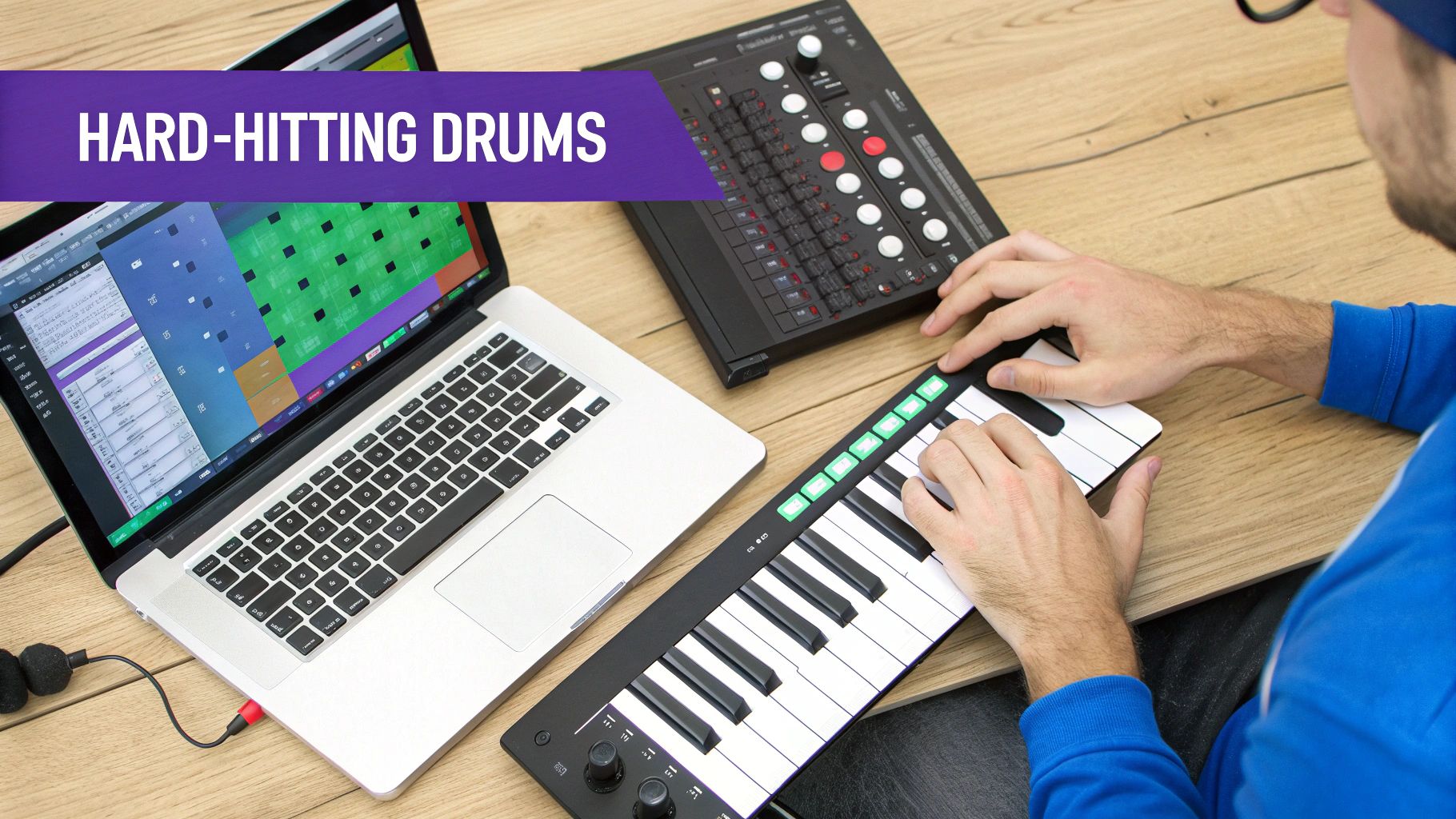 A person creates hard-hitting drum beats on a laptop with a MIDI keyboard and mixer.