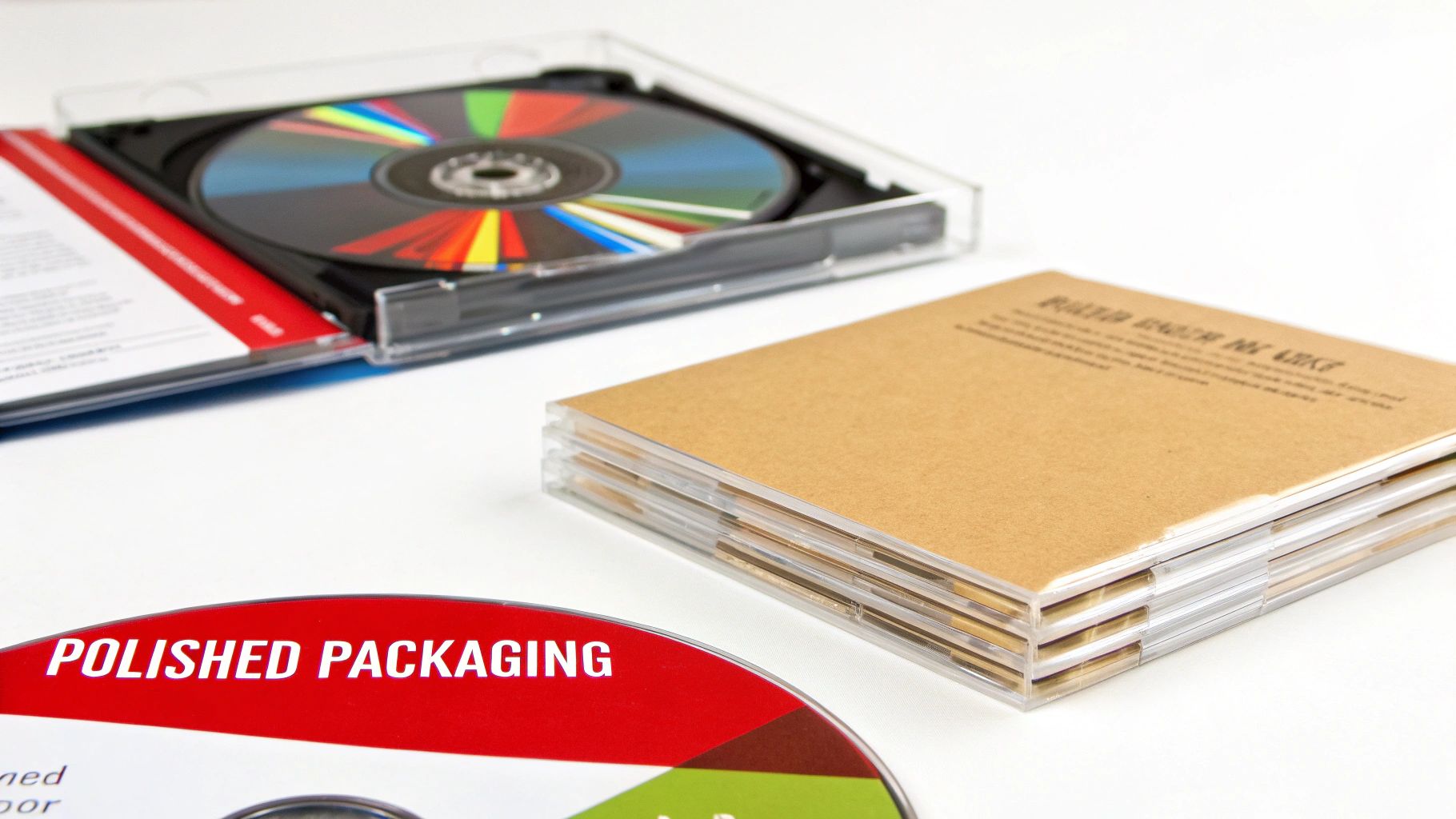 Colorful CDs in open jewel cases and a stack of brown-sleeved discs, highlighting diverse packaging styles.