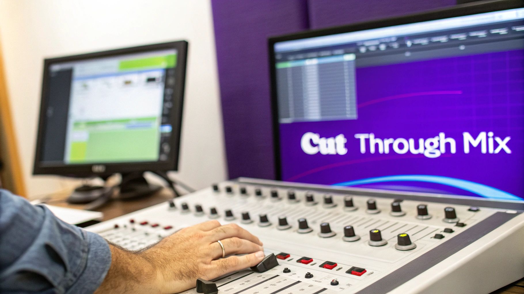 A person's hand adjusting faders on a sound mixing console with computer screens in the background.