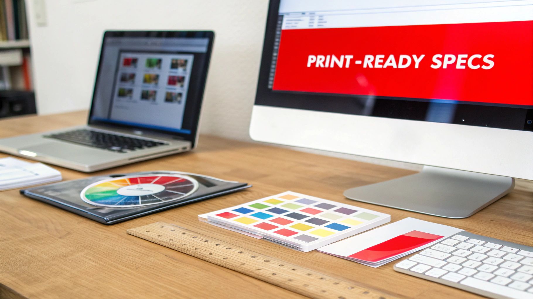A graphic design workspace with a monitor displaying 'PRINT-READY SPECS', a laptop, color tools, and a keyboard.