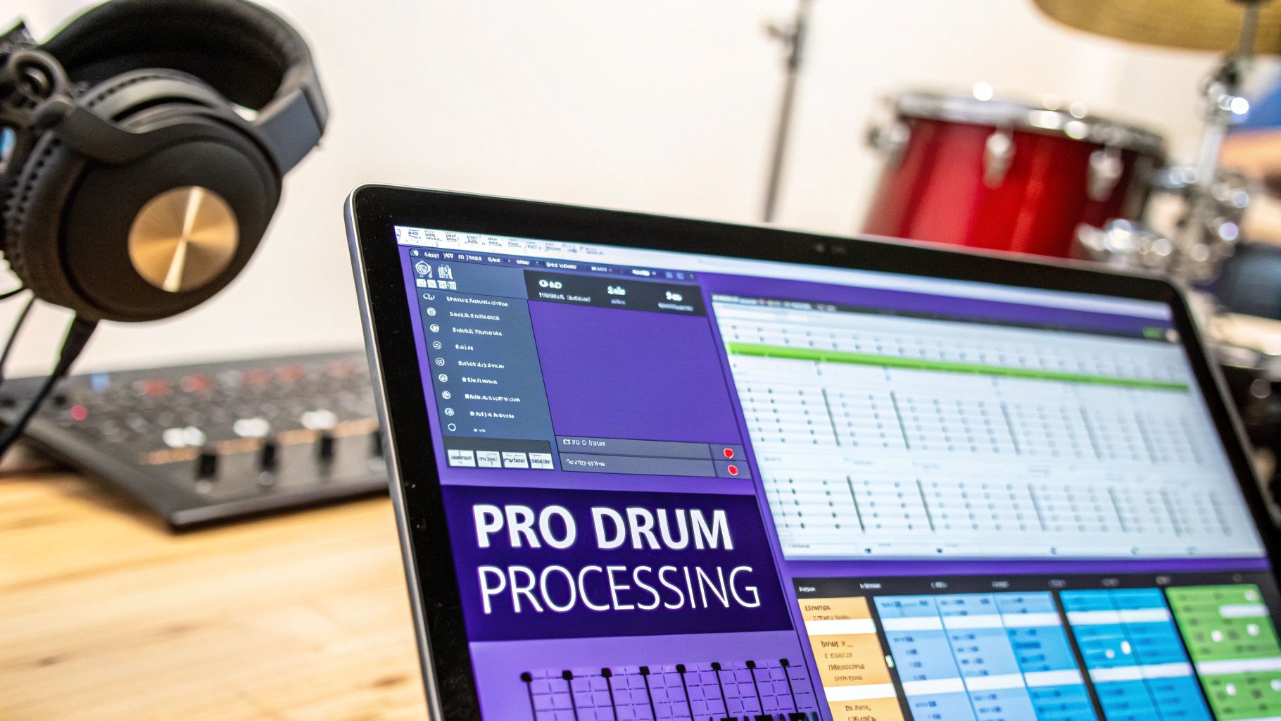 A laptop displaying 'PRO DRUM PROCESSING' software, with headphones and a drum kit in the background.