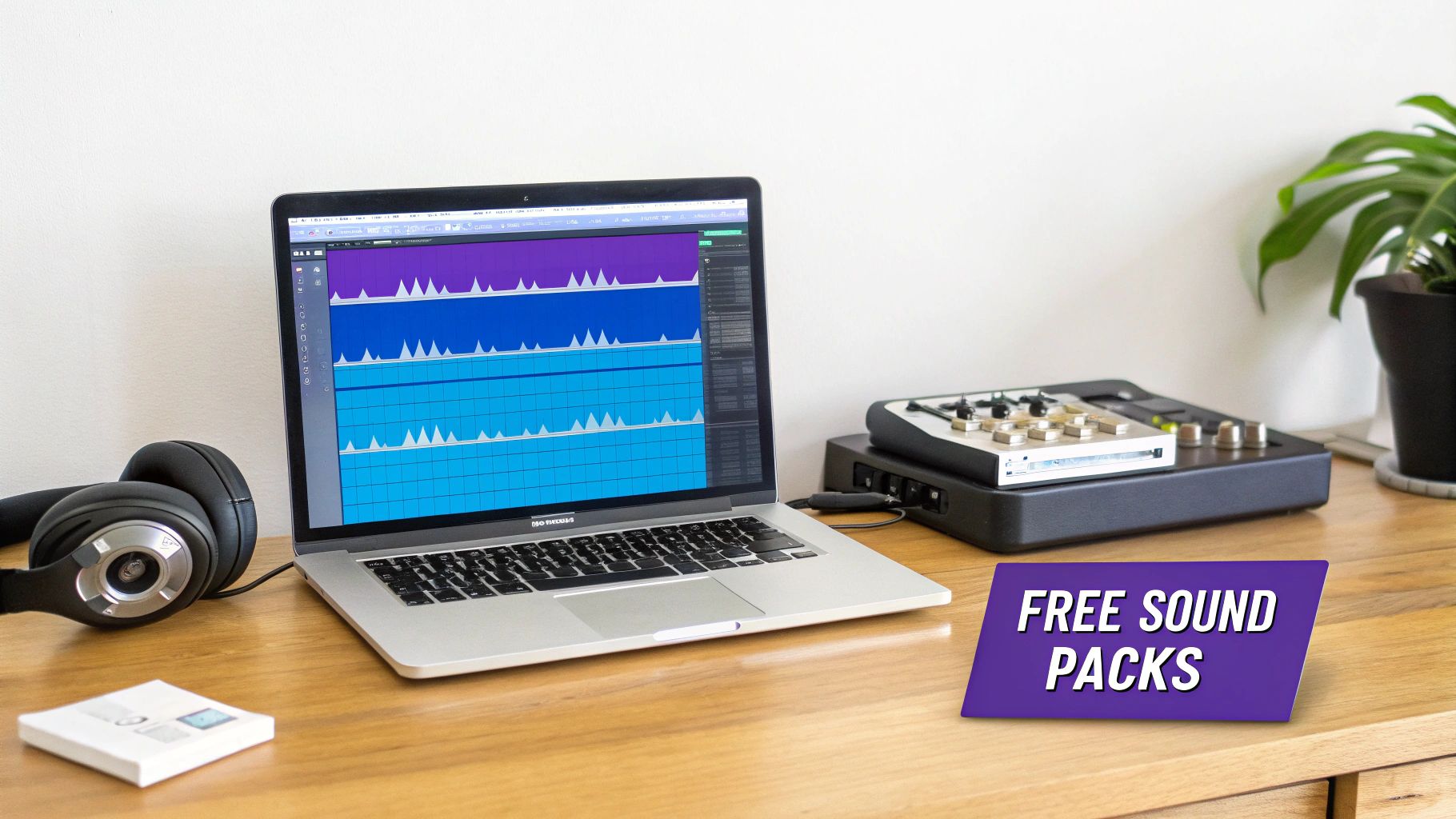 A music production setup with a laptop displaying waveforms, headphones, and a 'FREE SOUND PACKS' sign.