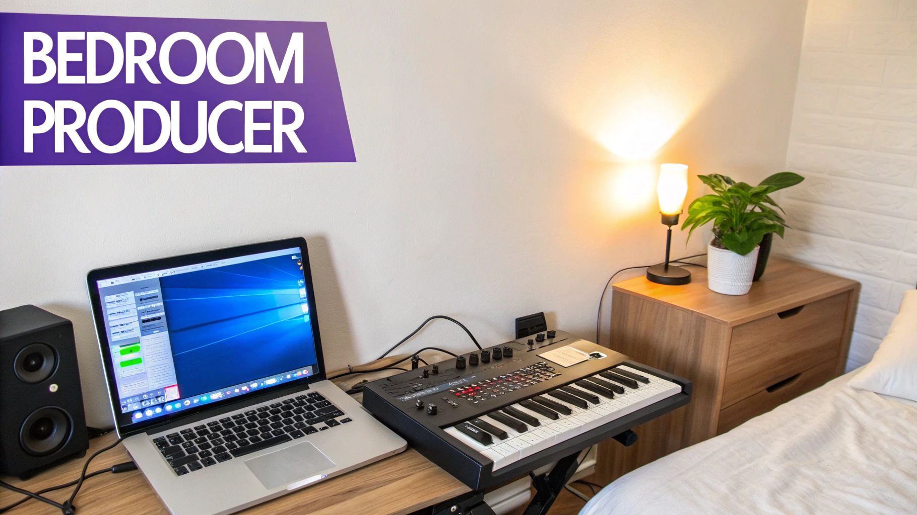 A modern home music production setup with a laptop, MIDI keyboard, and speaker on a desk.