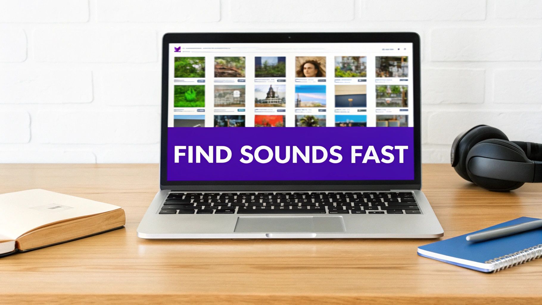 Laptop displaying 'FIND SOUNDS FAST' on a website, with headphones, a book, and a notepad.